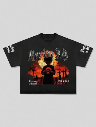 Street Life T-shirt imprimé coupe ample gothique pour hommes, Top de style de rue rétro pour concert, Halloween