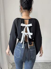 Elenzga Women Contrast Color Patchwork Round Neck Casual Blouse, Daily Wear