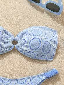 Swim Mod Áo Bandeau ren móc mùa xuân và quần bơi, Bộ đồ bơi đi biển dễ thương mùa hè cho nữ, Lễ hội Boho - Xanh và trắng - Xem 3