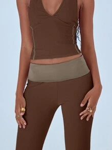 MUSERA Colorblock Elastic Waist Flare Trousers Vacation Summer Cute Casual Chic Elegant - Coffee Brown - View 5