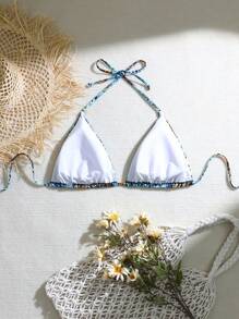 SHEIN Swim Curve 夏季单件大码女式露背印花性感三角比基尼上衣，休闲度假比基尼 - 彩色 - 查看 2