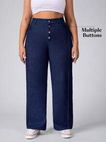 Flexra Plus Size Women Button Front Straight Leg Stretchy Knit Denim Apple Bottom Jeans Casual Jeans