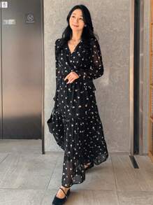 DAZY 法式优雅V领雪纺碎花长裙女秋装长袖连衣裙 - 黑色 - 查看 4