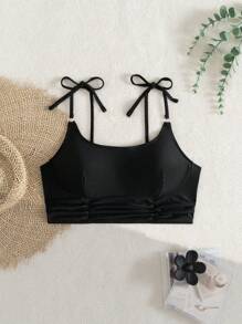 Women Summer Beach Vacation Solid Color Cute Tied Strap One Piece Swimwear Top - Black - View 4