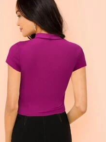 SHEIN Essnce Màu thuần Thon gọn Áo thun Với Cổ giả - Màu đỏ tím - Xem 2