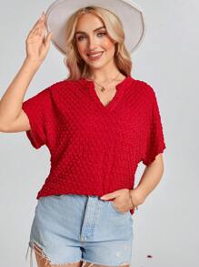 SHEIN LUNE 女士红色立领提花短袖衬衫，情人节 - 紅色 - 查看 3