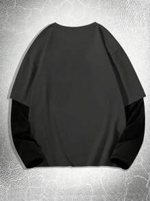 Manfinity Dauomo Áo thun nam cổ tròn dài tay in chữ màu tương phản thường ngày - Xám - Xem 2