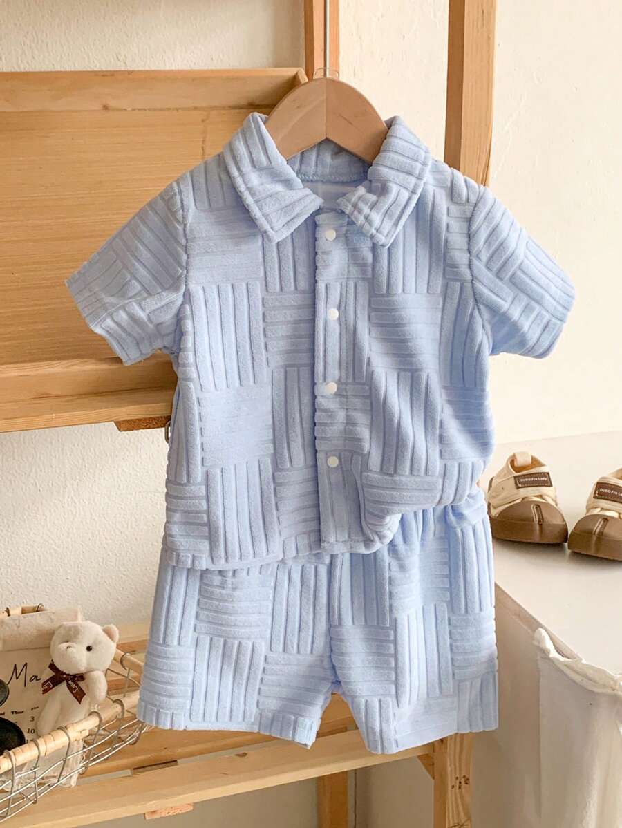 Baby Boys 2 Pieces Set Blue Textured Fabric Shirt & Short Outfit Clothes, Suitable For Babies To Wear On All Occasions In Summer, Textured Fabric For Quality Feel