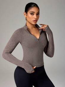 Easithlete 女士前拉链长袖修身休闲上衣，日常穿着 - 淺灰紫 - 查看 5