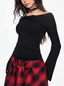 ROMWE Pull épaules dénudées à manches longues et coupe slim pour la Saint-Valentin, Pulls pour femmes, Tenues de printemps pour femmes - Noir - Voir 3