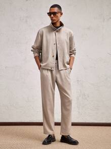 AKNOTIC Business Casual Áo khoác cardigan dài tay cổ đứng dáng rộng cho nam, trang phục thường ngày cho mùa thu và đông - Màu be - Xem 2