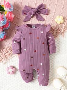 SHEIN Enterizo de punto cómodo con mangas acampanadas y estampado de lunares de colores para bebé recién nacido - Morado - View 5