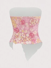 SHEIN MOD Casual Floral Print Drawstring Asymmetrical Hem Crop Top, Women's Resort Wear, Women's Going Out Tops, Tops, 2000s Style, Pink Tops, Crop Tops