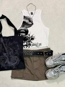 SHEIN EZwear White Graphic Crop Tank Top: Edgy Concert Clothes With Butterfly And Lips Print,Summer Tops - White - View 5