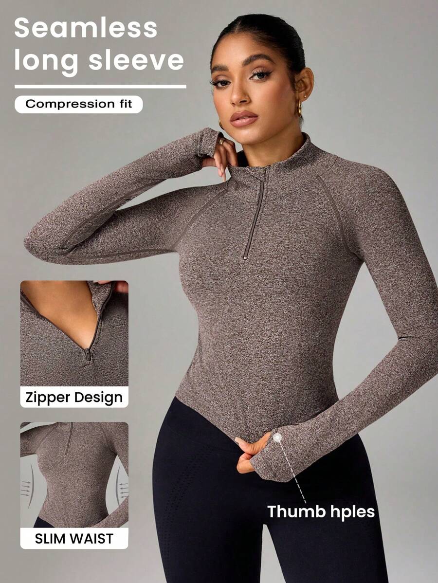 Easithlete 女士前拉链长袖修身休闲上衣，日常穿着 - 淺灰紫 - 查看 1