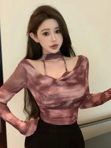 DAZY Tie-Dye All Over Print Halter Neck Self-Tie Cuff Long Sleeve Women Top,Fall Women Clothes - Red Violet - View 4