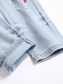 Manfinity LEGND Men's Button Pocket Distressed Embroidery Casual Denim Jeans - Light Wash - View 6