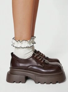 ROMWE Fairycore 女士经典棕色高跟封闭式鞋头系带玛丽珍鞋、厚底鞋、办公室/工作牛津鞋、圆头厚底乐福鞋