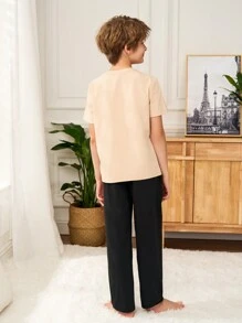 SHEIN Leap Crew 2pcs Tween Boys Casual Minimalist Letter Print Crew Neck Short Sleeve T-Shirt And Pants Loungewear Set - Khaki - View 2