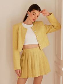 Aveloria Rosie Lady-Like Tweed Short Collarless Button Jacket Paired With Pleated Mini Skirt Fashion Suit Set For Women, Elegant And Sophisticated Style Suitable For Valentine's Day