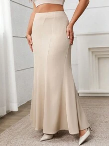 Vionelle 大码优雅休闲通勤度假纯色不对称 A 字长裙，春夏