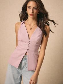 Poéselle 亚麻面料 V领衬衫 纽扣开衩 简约时尚 适合婚宴 日常通勤 休闲修身无袖背心 短款上衣 法式风 - 粉色 - 查看 5