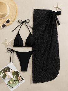 Swim Vcay 3 件套女士度假泳装套装：基本纯色露背系带比基尼上衣、下装和蕾丝罩衫，适合夏季海滩、度假和户外活动 - 黑色 - 查看 2