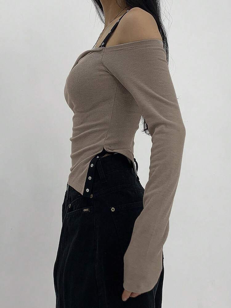 Women Asymmetrical Hem Patchwork Camisole Off Shoulder Long Sleeve Cropped T-Shirt, Apricot Color, Spring/Summer