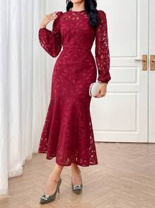 Modelyn Women Solid Color Round Neck Long Sleeve Hollow Out Casual Dress