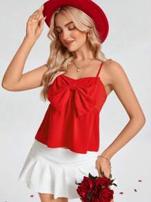 SHEIN LUNE Áo hai dây viền nơ đỏ cho nữ, ngày lễ tình nhân - Đỏ - Xem 4