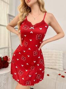 SHEIN 对比色蕾丝 V 领蝴蝶结和心形印花吊带背心睡袍娃娃裙蝴蝶结 - 紅色 - 查看 5