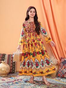 Tween Girl Pattern Holiday Casual Rose Retro Print Long Dress - Multicolor - View 1