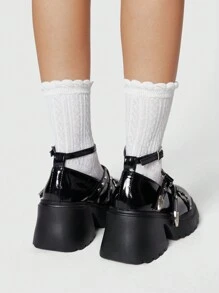 ROMWE Grunge Punk Buty skórzane Mary Jane w stylu vintage, Punk Rock z zamkniętymi palcami, krzyżujący się pasek z metalową klamrą, gotyckie lolita, grube platformy oksfordy dla kobiet