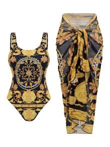 Swim Oasis Summer 2pcs/Set Women Placement Print Square Collar High Cut One-Piece Swimsuit & Skirt Resort - Multicolor - View 3