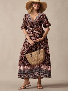 SHEIN Maternity Casual Floral Print Lantern Sleeve Dress