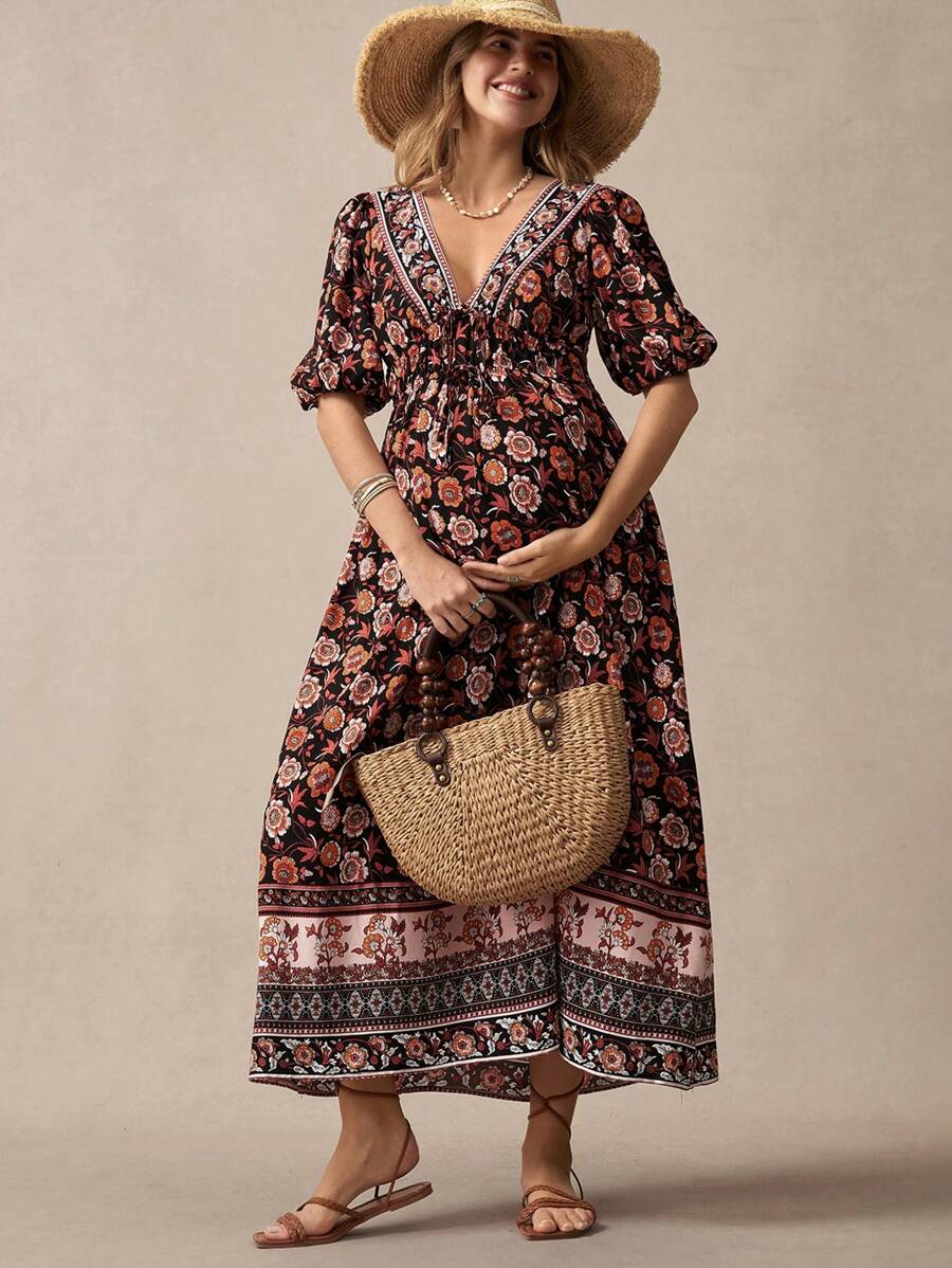 SHEIN Maternity Casual Floral Print Lantern Sleeve Dress