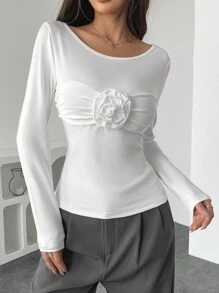 Camiseta sólida de mujer de estilo minimalista casual, adecuada para el uso diario