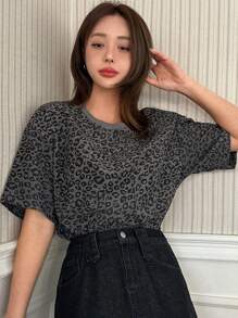 DAZY 夏季新款宽松豹纹休闲女式T恤猎豹印花 - 灰色 - 查看 1