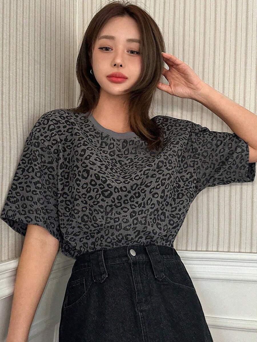 DAZY 夏季新款宽松豹纹休闲女式T恤猎豹印花 - 灰色 - 查看 1