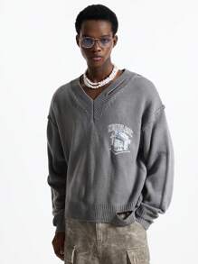 NEON BLANC Men's Streetwear V-Neck Loose Short Style Long Sleeve Sweater, For Fall Winter - Grey - View 1