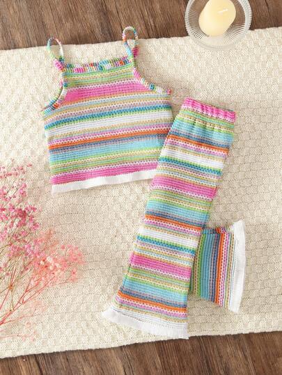 SHEIN Vintaside Kids 女婴两件套流苏吊带装，彩色条纹背心和宽松休闲裤套装，夏季