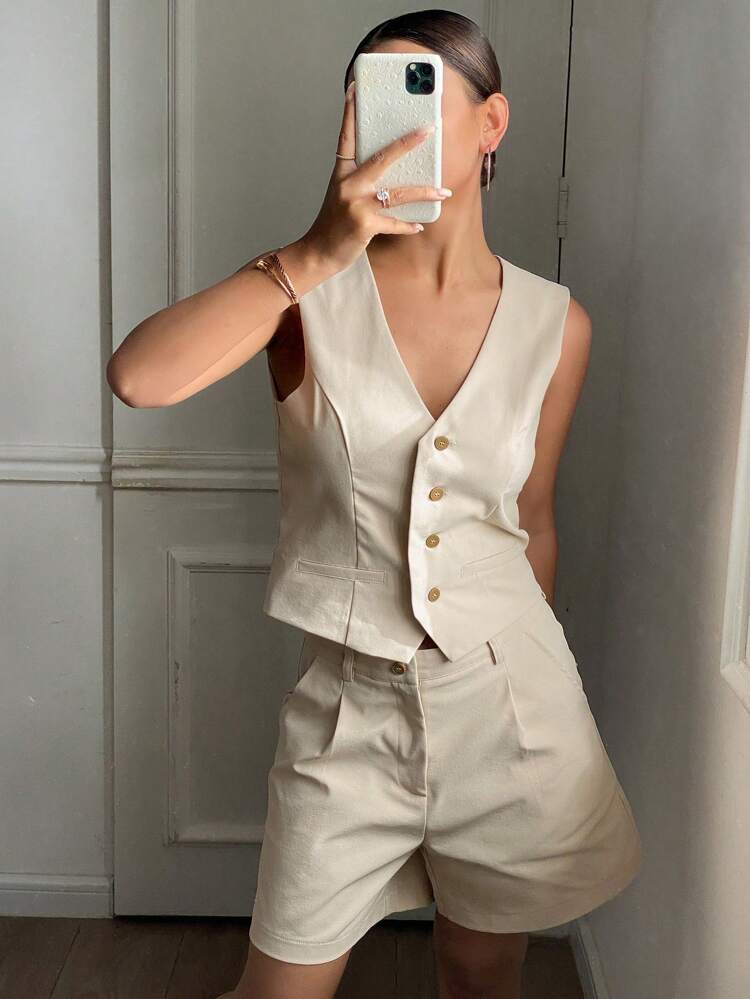 2pcs/Set Women's Solid Color Fitted Sleeveless Vest And Straight Leg Shorts Casual Suit, Summer,Short Women Sets