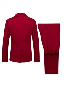 Manfinity Mode Men's Buttoned Front Long Sleeve Pocket Shirt & Pants Suit Set, Minimalist - Burgundy - View 2