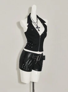 SHEIN ICON 女士无袖前拉链休闲上衣，日常穿着 - 黑色 - 查看 6