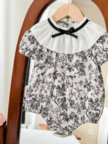 SHEIN LMoss Kids Bodysuit Bayi Perempuan Baru Lahir LMoss Motif Bunga Lucu dengan Hiasan Rumbai, Musim Panas - Putih - View 4