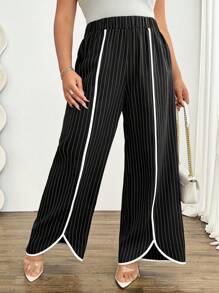 Celure Contrast Color Striped Loose Flare Leg Plus Size Women Casual Pants, Elegant For Commuting
