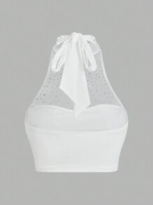 SHEIN ICON 立领镂空水钻与网眼拼布短款挂脖领上衣 - 白色 - 查看 2