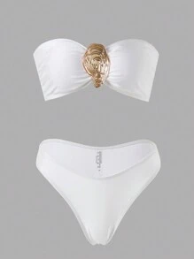 Swim Oasis 女士三件套海滩装：露肩比基尼上衣、透明长沙滩裙、性感露背泳装、优雅金色装饰配饰、夏日度假风格 - 白色 - 查看 4