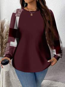 SHEIN LUNE Plus Size Marble Printed Crew Neck Pullover Sweatshirt With Arc Hem And Raglan Sleeves, Suitable For Autumn/Winter