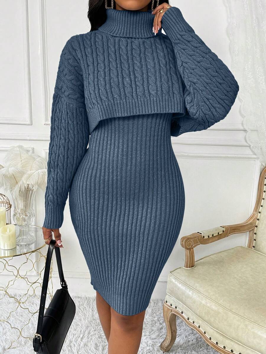 SHEIN Clasi 2pcs Women Casual Solid Color Cable Knit Oversized Turtle Neck Sweater + Fitted Knitted Dress, Two-Piece Set - Royal Blue - View 1